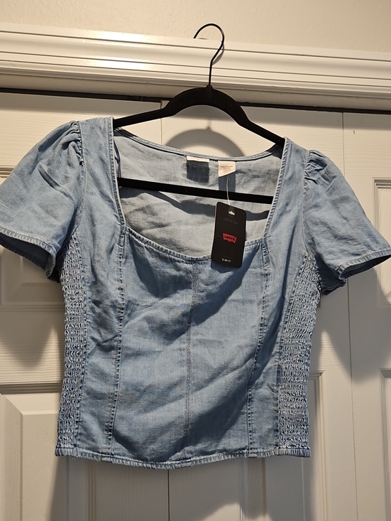 Levi's Tops - New With Tag-Levis Top Womens  Blue Denim Cropped Smocked Jean Shirt